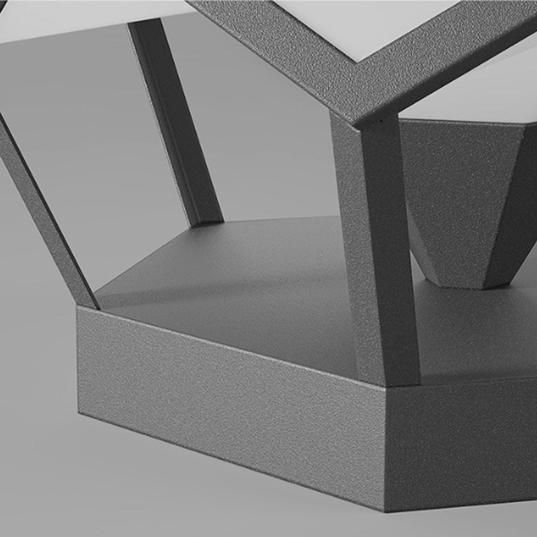 Close-up detail of pillar top solar lights showing geometric metal frame and textured finish.