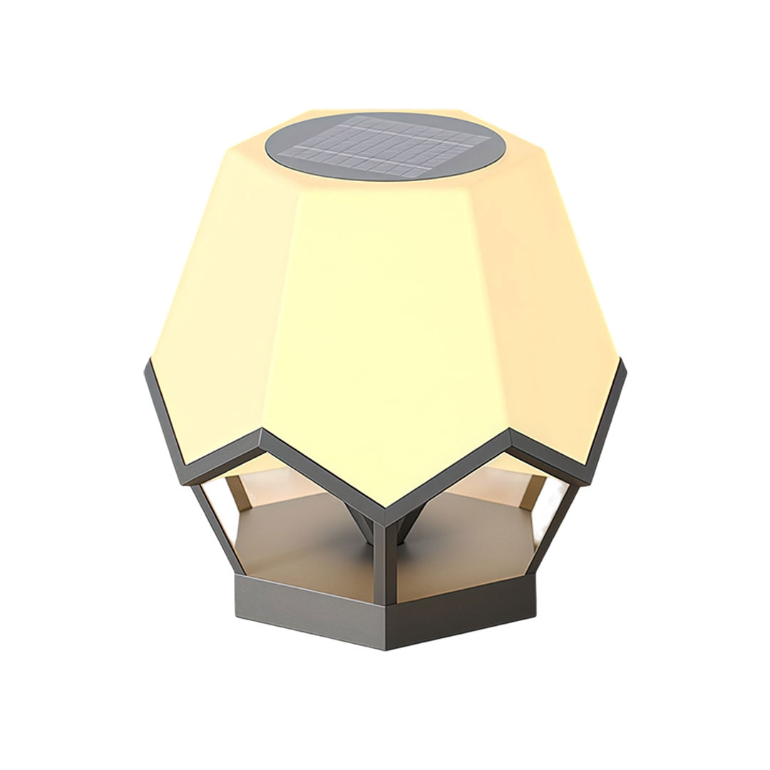Pillar top solar lights with integrated solar top and modern decorative exterior lighting structure.