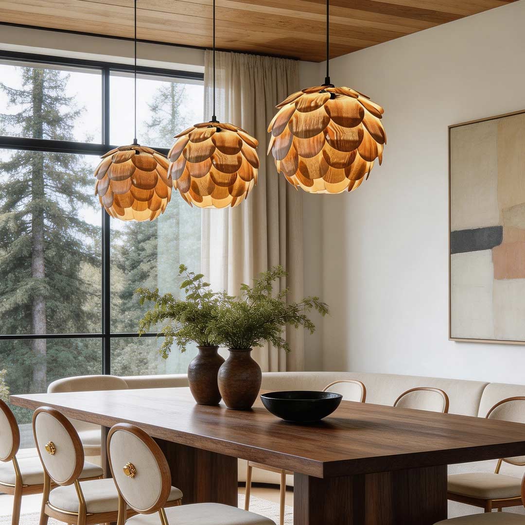 Pinecone pendant light with a layered design, illuminating a contemporary kitchen island.