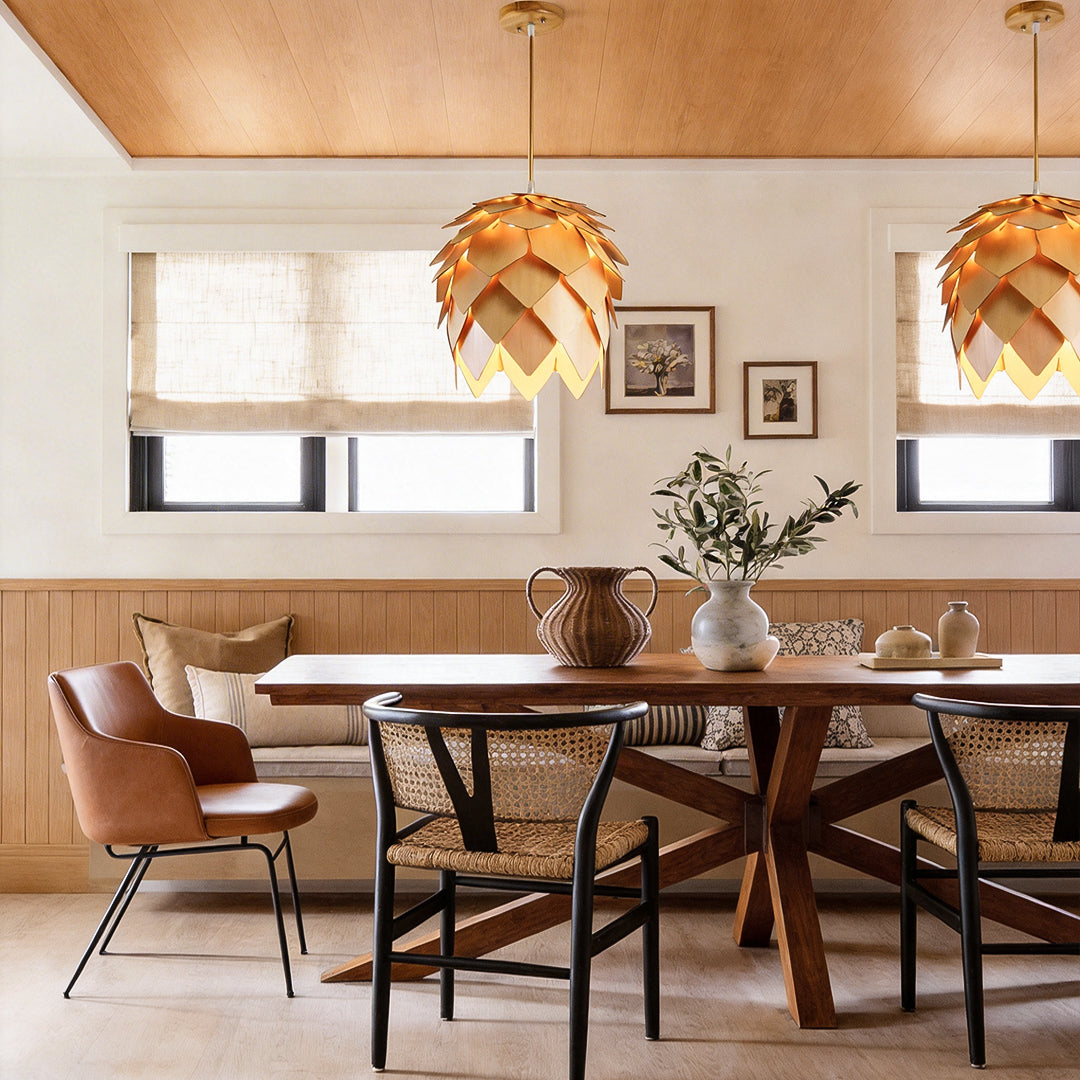 Pinecone pendant light with a modern design, enhancing a contemporary dining area.