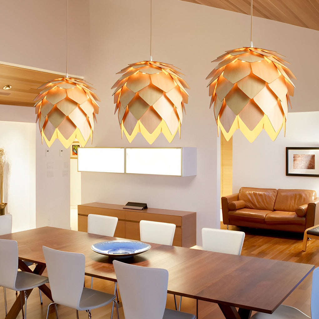 Pinecone pendant light with a natural finish, providing ambient light in a cozy living room.