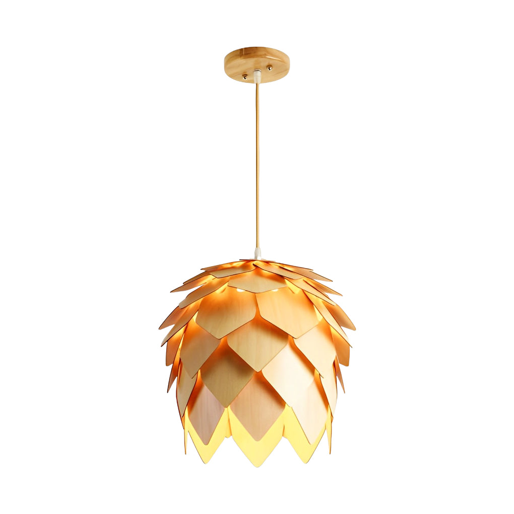 Pinecone pendant light with a natural wooden finish, providing soft light in a dining space.