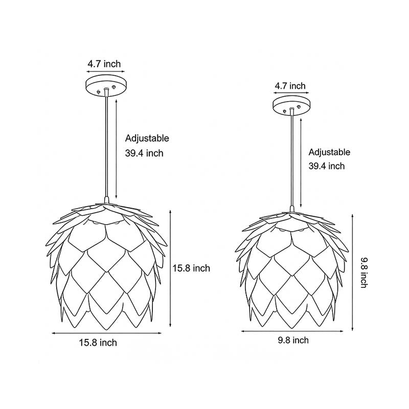 Technical diagram showing dimensions and structure of pinecone pendant light models.