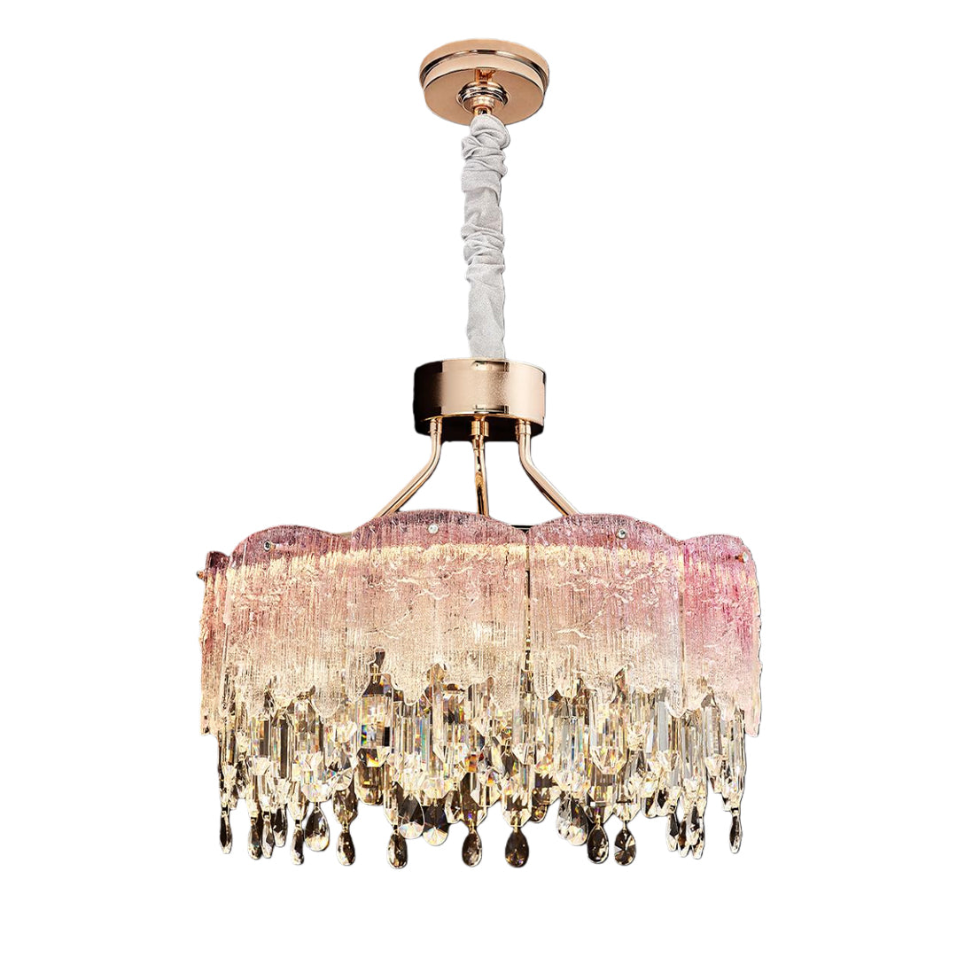 Pink glass fringe chandeliers with gold metal frame and crystal strands.