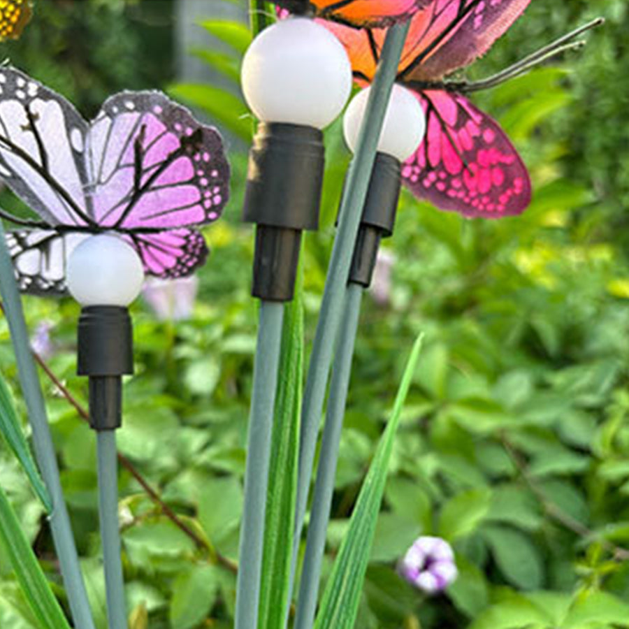 Close-up view of pink and purple butterfly decorative lights in garden setting