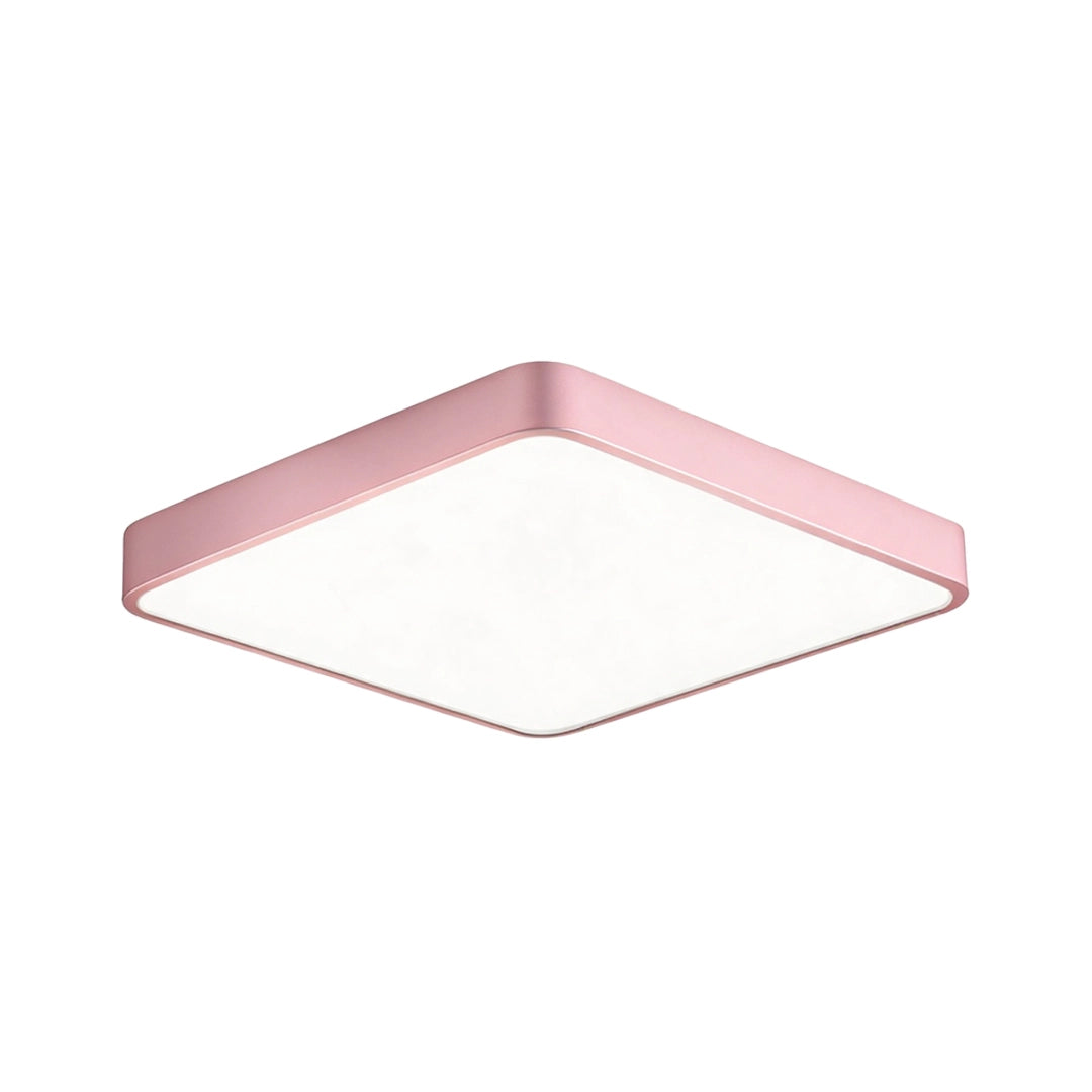 Pink square ceiling light isolated on a white background with a slim frame and smooth integrated diffuser.