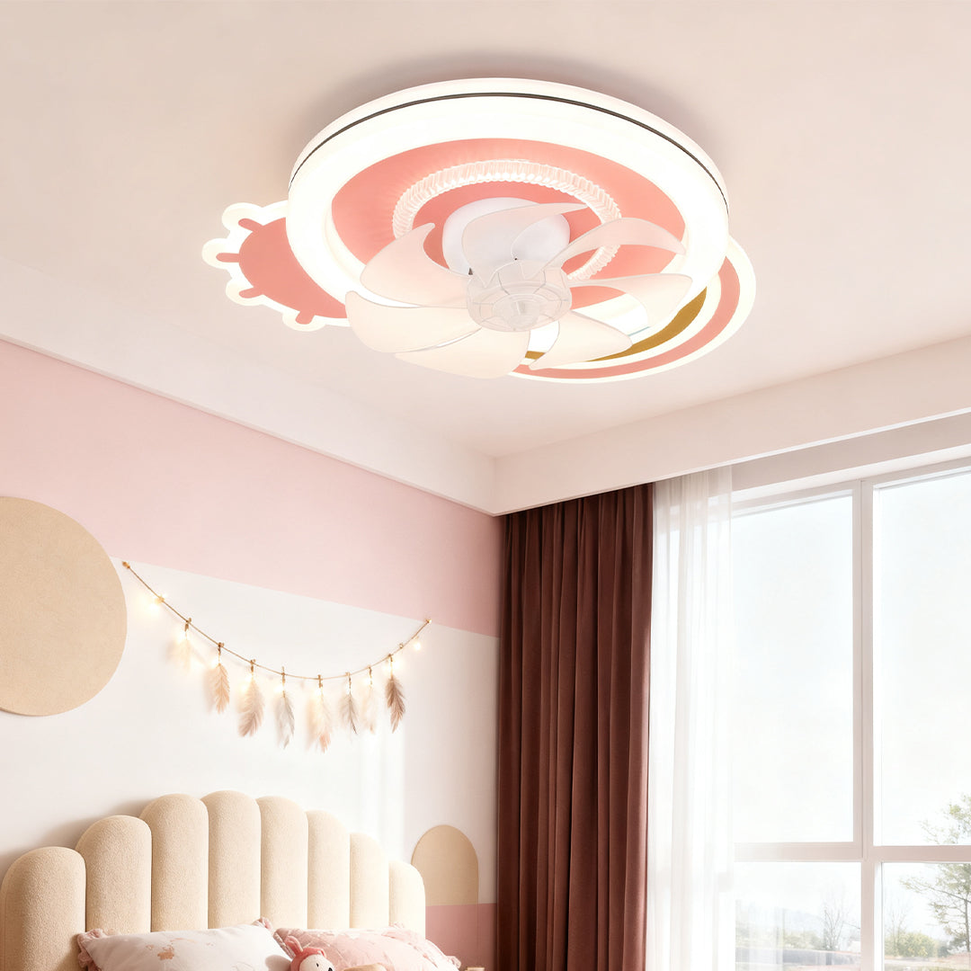 Pink and white beautiful ceiling fans with lights designed as a stylized flower, installed in a bright girl's bedroom with sheer curtains. 