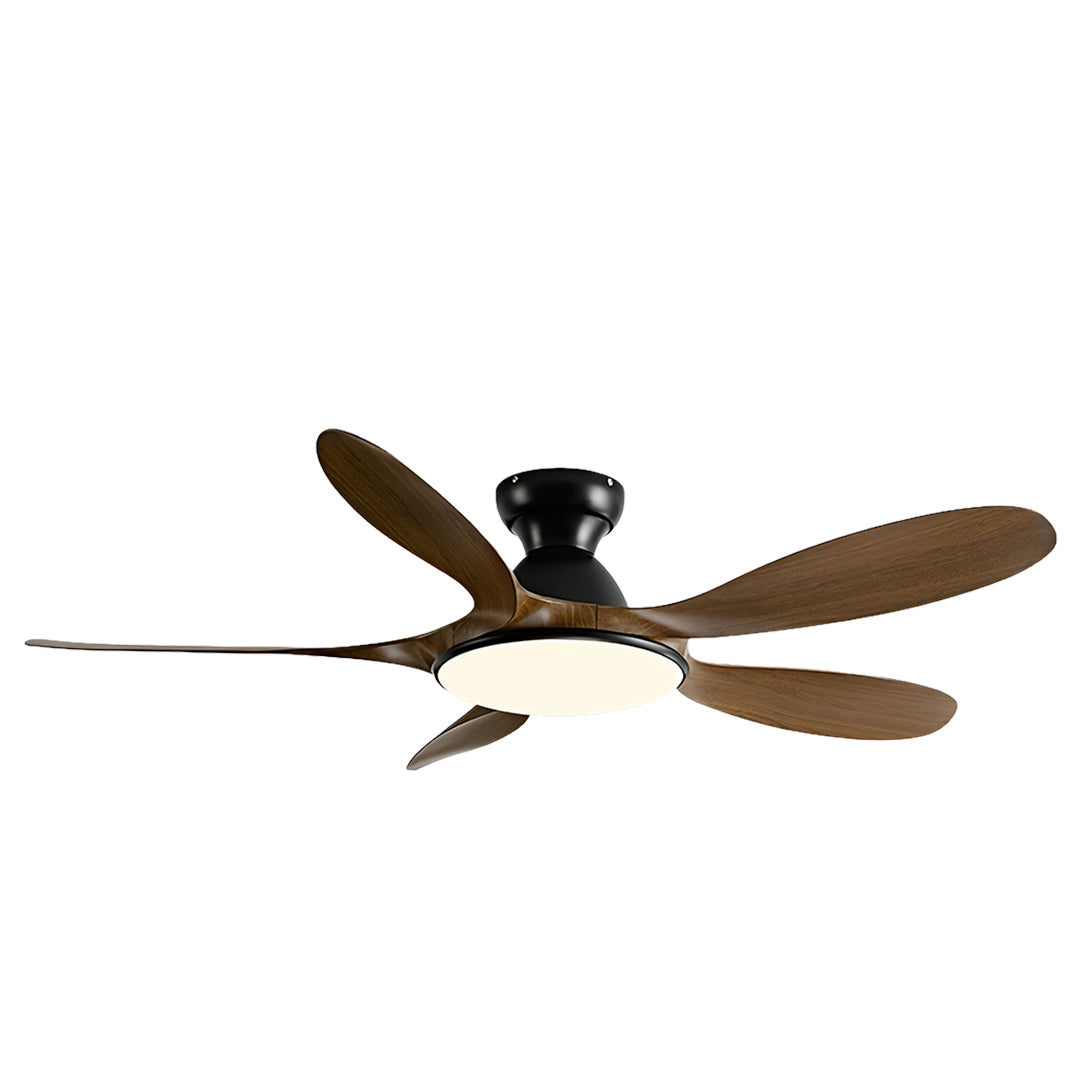 Playful 5 blade ceiling fan with light in bright nursery with arched alcoves and wooden furniture
