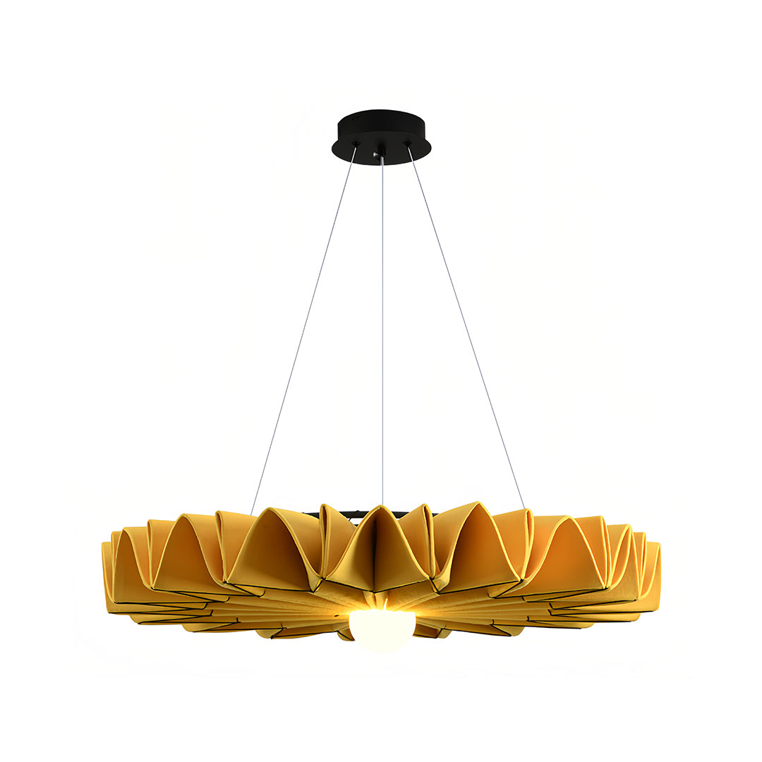 Close-up of the pleated texture on the golden cloth chandelier shade design 