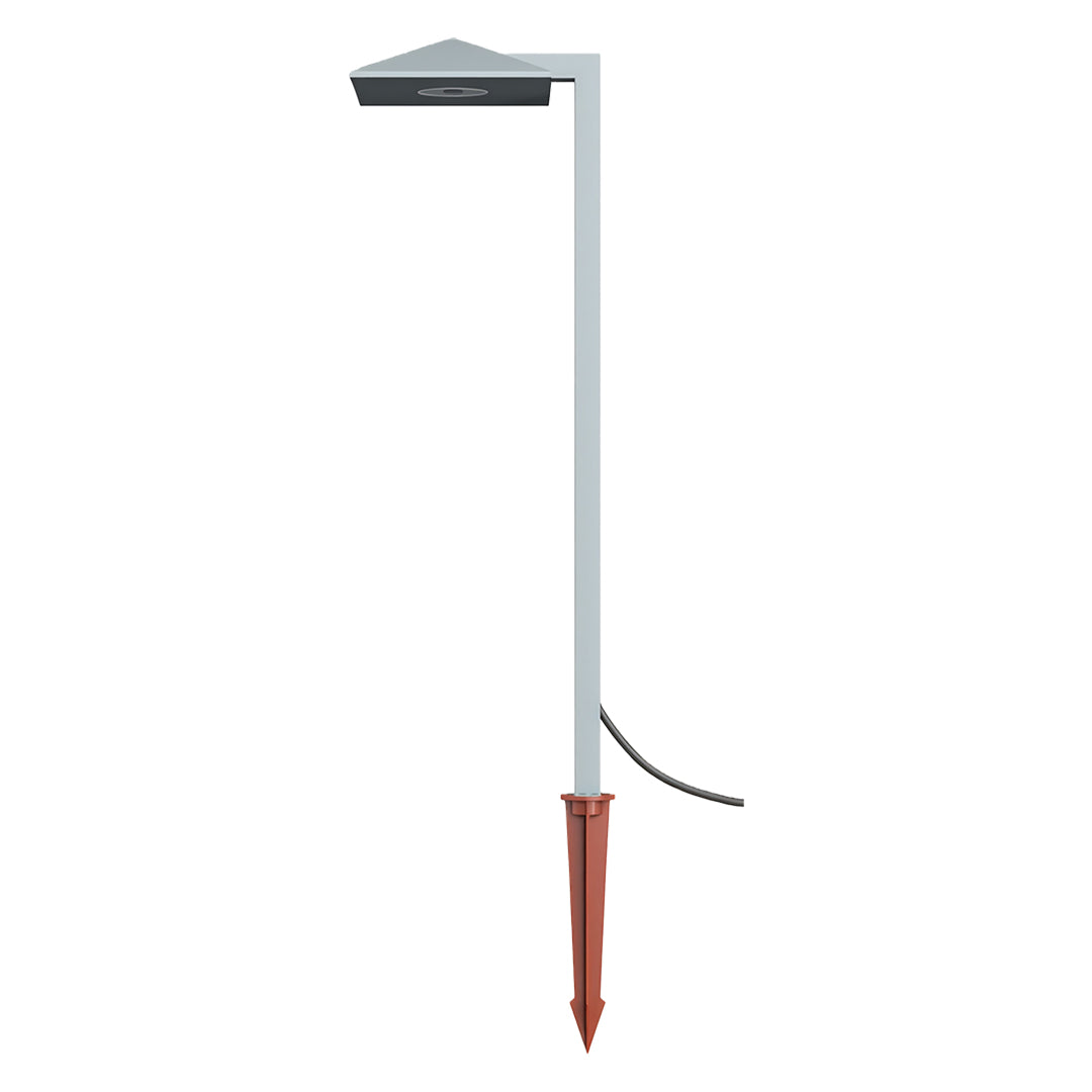 Plug-in pathway light featuring a minimalist metallic pole and a flat top light source.