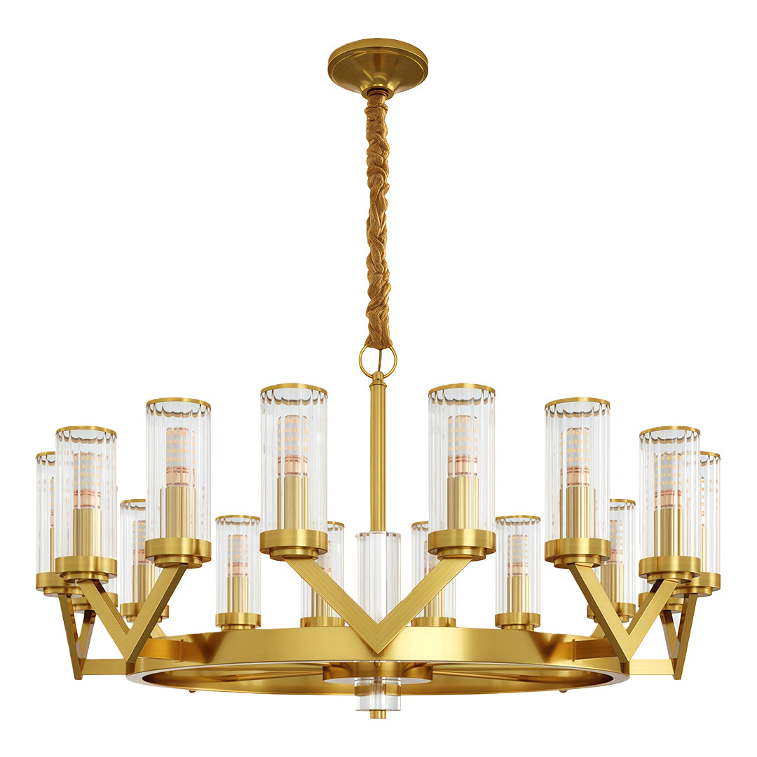Modern luxury chandeliers with polished brass and circular glass drop arrangement