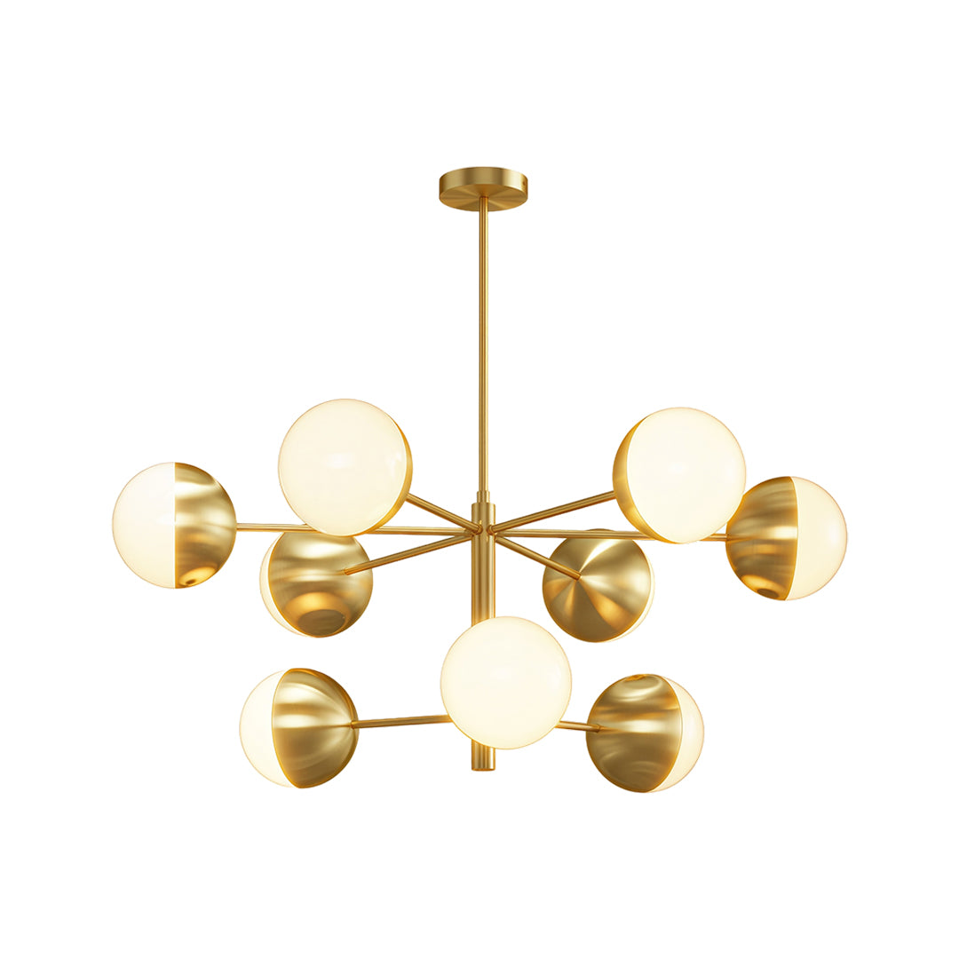 Modern luxury chandeliers with polished brass and circular white globe pattern
