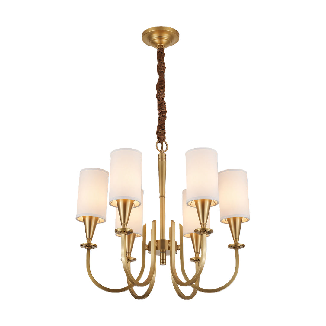 Copper chandelier modern featuring polished brass with curved arms and cylindrical shades