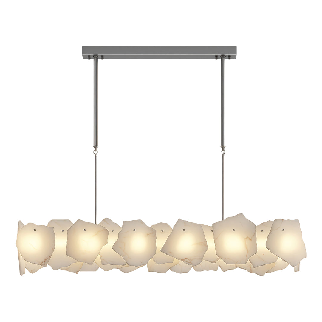 Modern LED chandelier with polished brass frame and linear frosted glass element design.