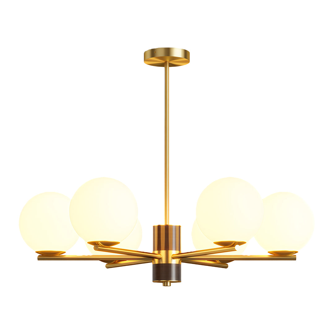 Best modern chandeliers featuring polished brass with opal glass sphere design