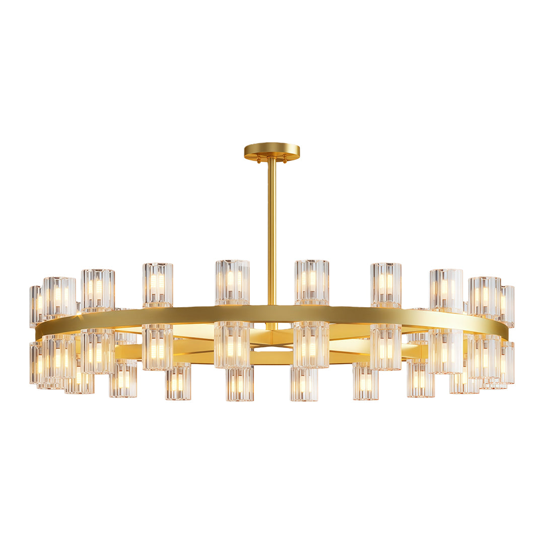 Modern luxury crystal chandeliers with polished brass and symmetrical crystal glass design.