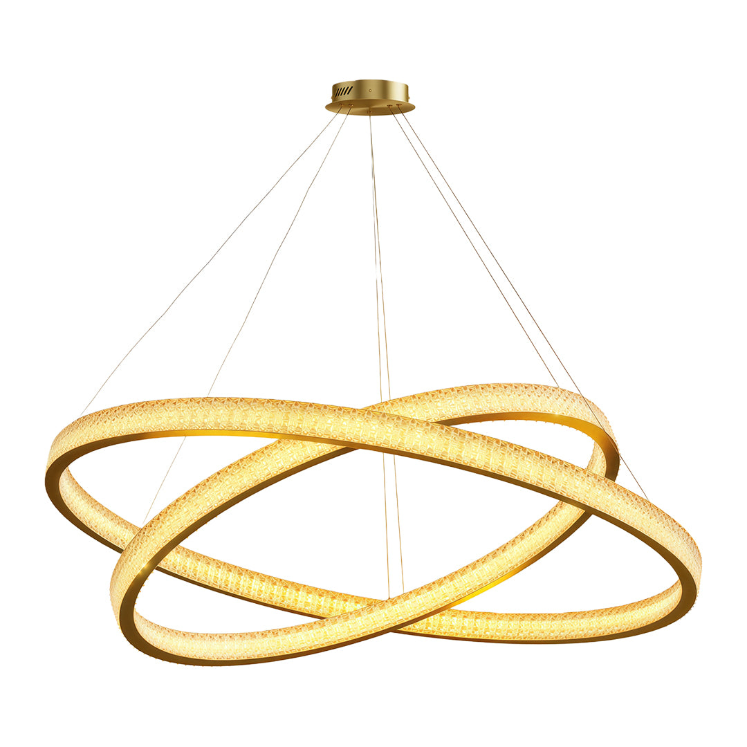 Modern luxury chandeliers with polished brass and triple intersecting crystal rings