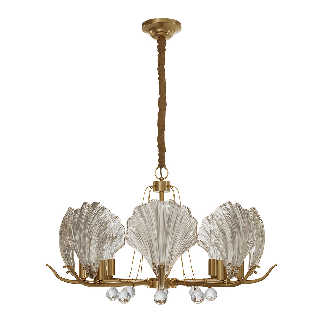 Modern luxury chandeliers with polished brass and wide-spread textured glass leaf configuration