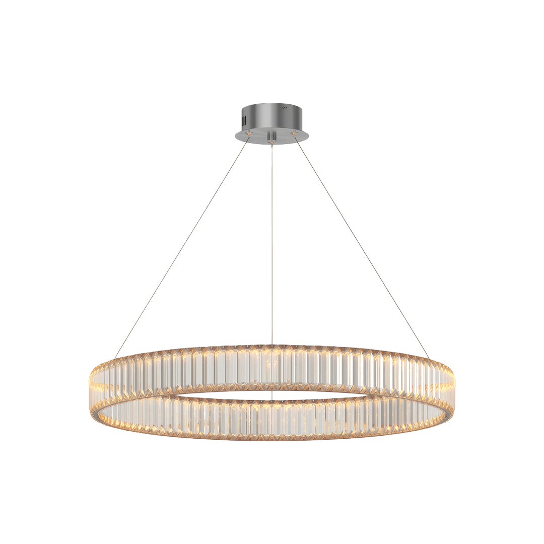 Unique modern chandeliers featuring polished chrome with circular crystal rod arrangement