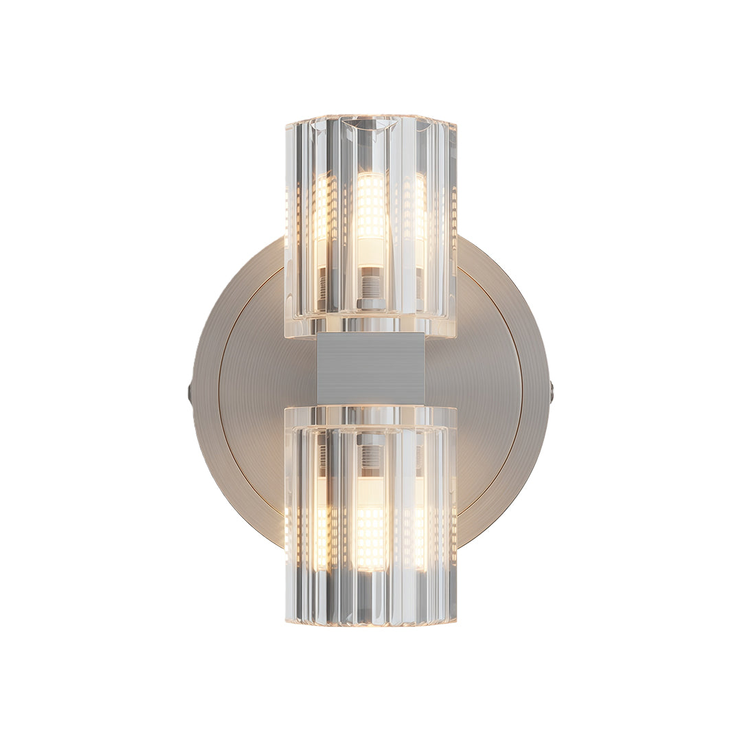 Crystal wall light featuring polished chrome circular backplate with vertical glass rods