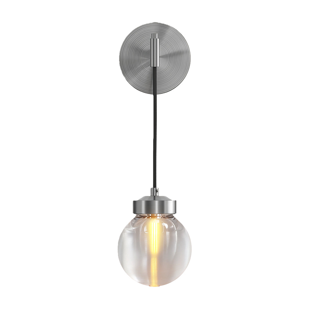 Small modern chandeliers featuring polished chrome with clear ribbed glass sphere shade