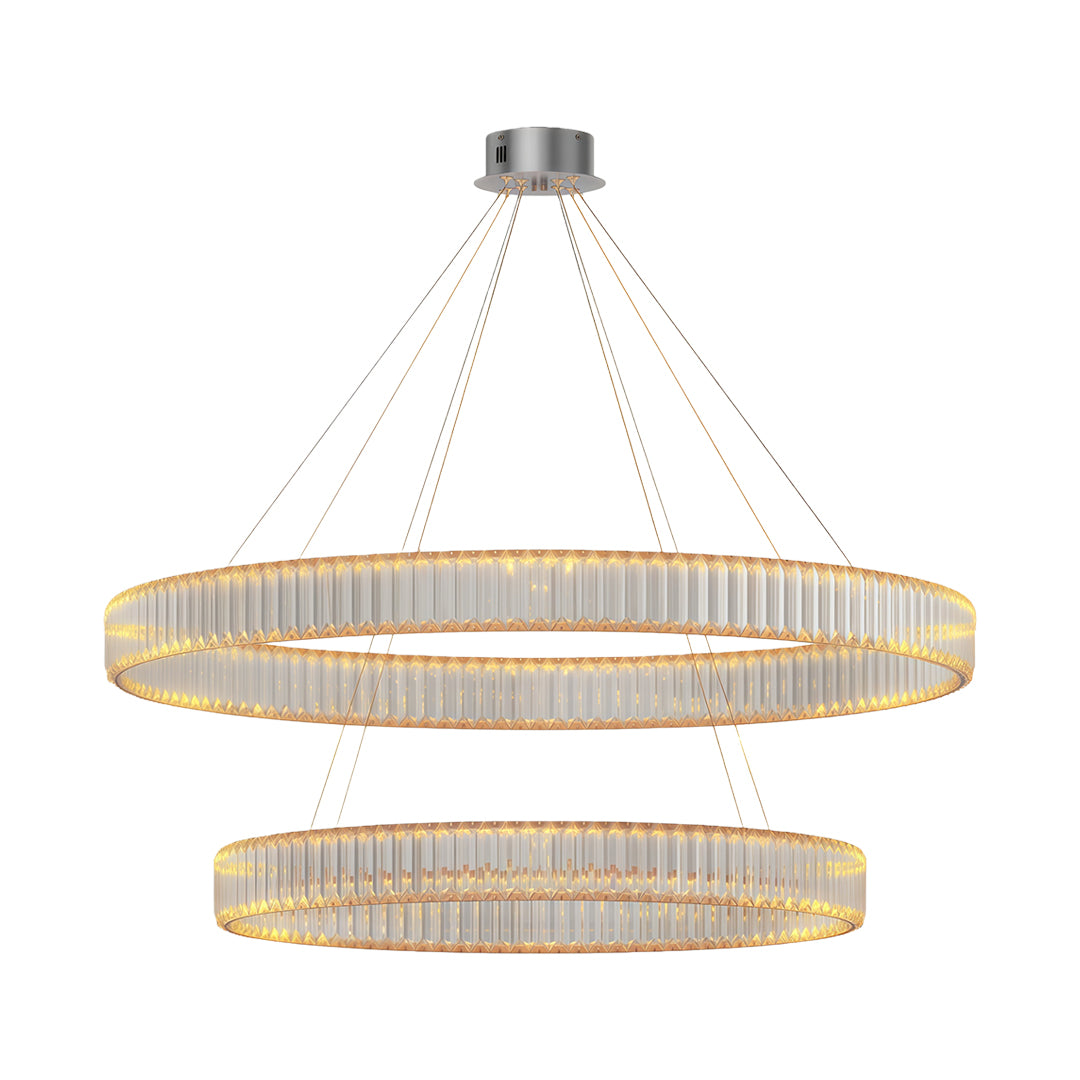 Modern luxury chandeliers in polished chrome with double-tier circular crystal design