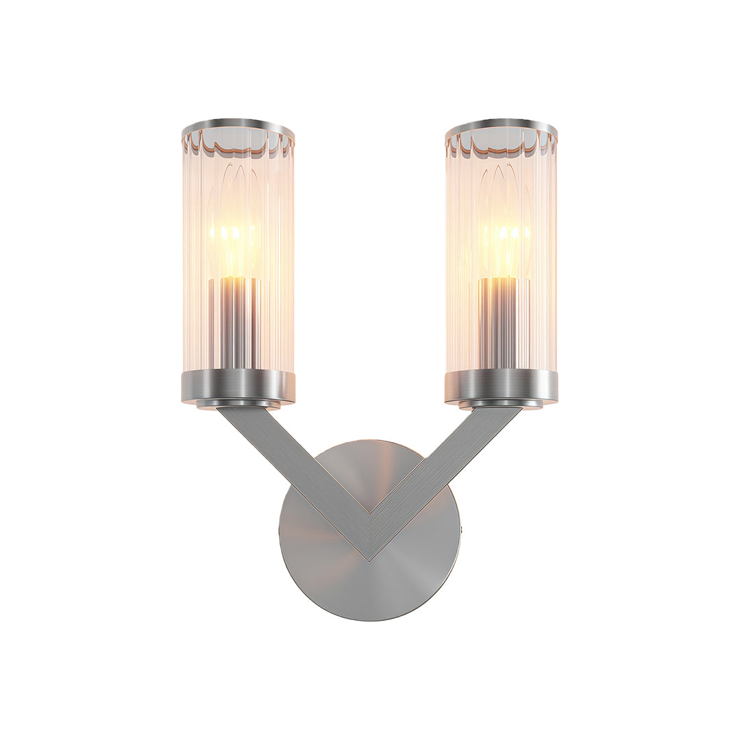 Double sconce wall light featuring polished chrome with dual clear glass cylinders.