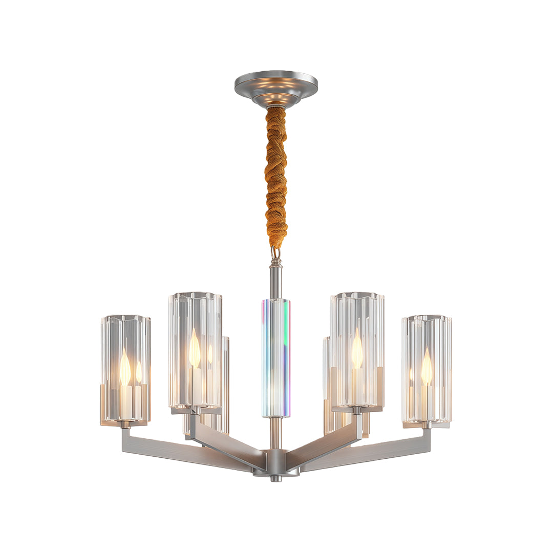 Shell chandeliers featuring polished chrome with geometric arms and clear ribbed glass