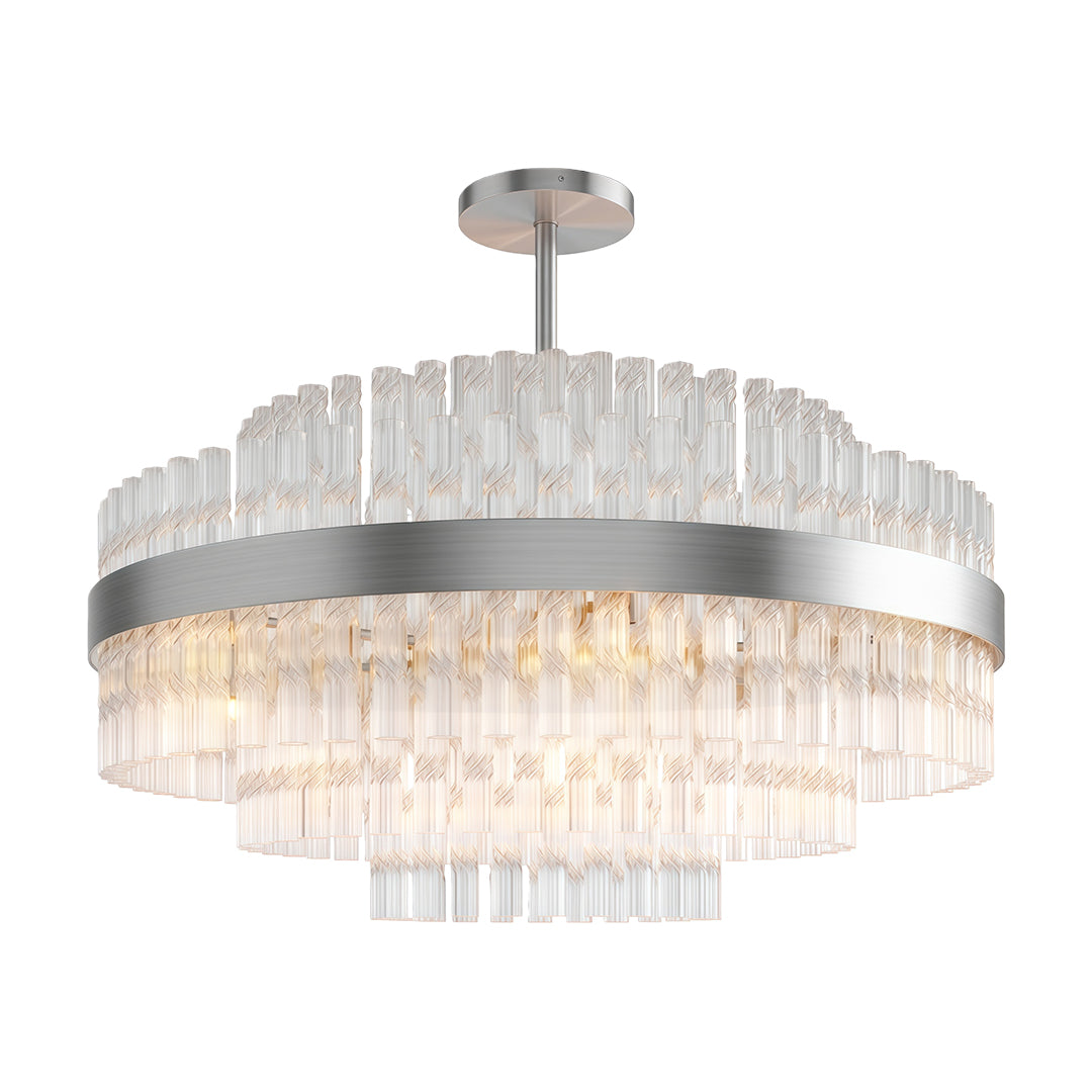 Modern luxury chandeliers with polished chrome and geometric crystal glass arrangement