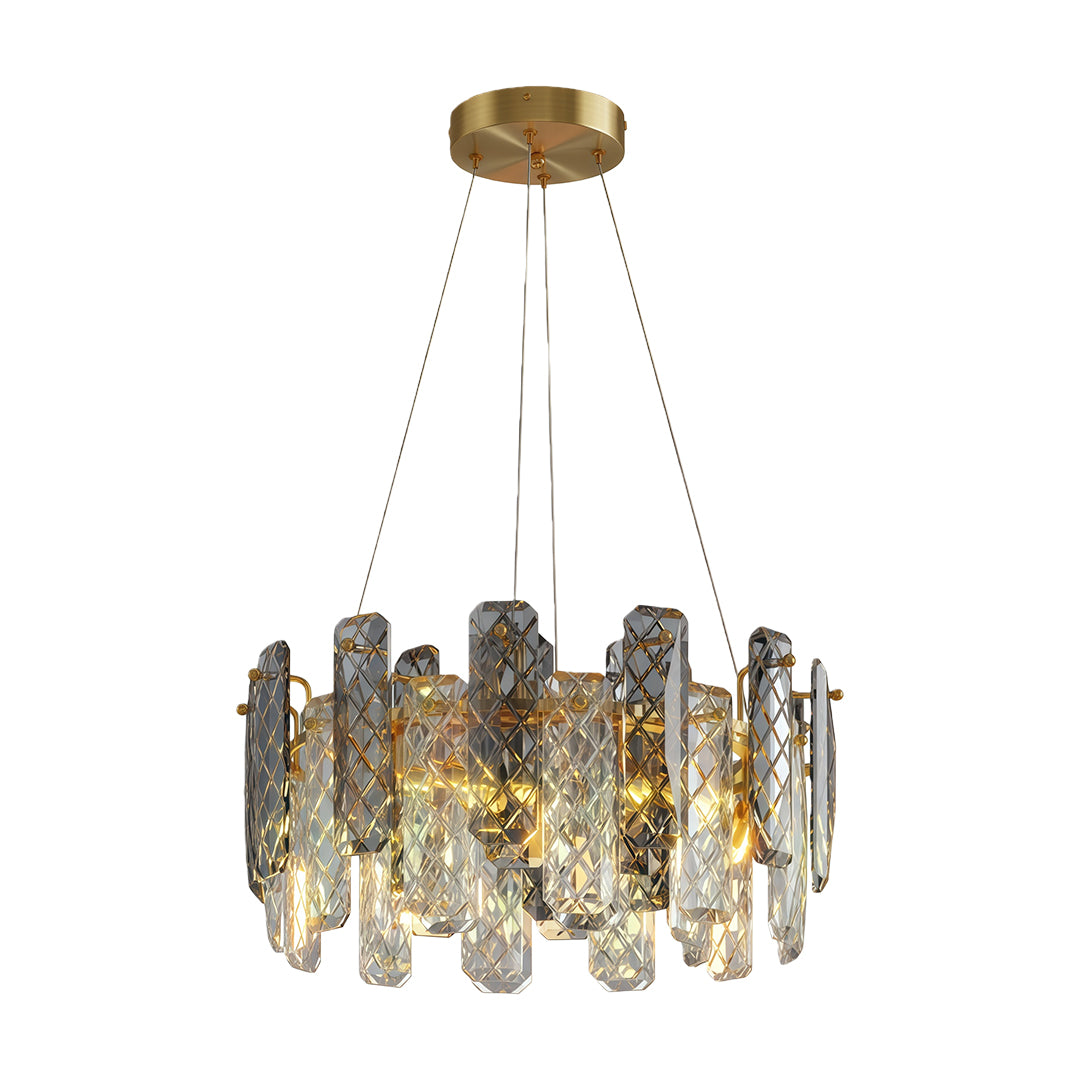 Luxury contemporary crystal chandeliers featuring polished chrome with gradient crystal elements.