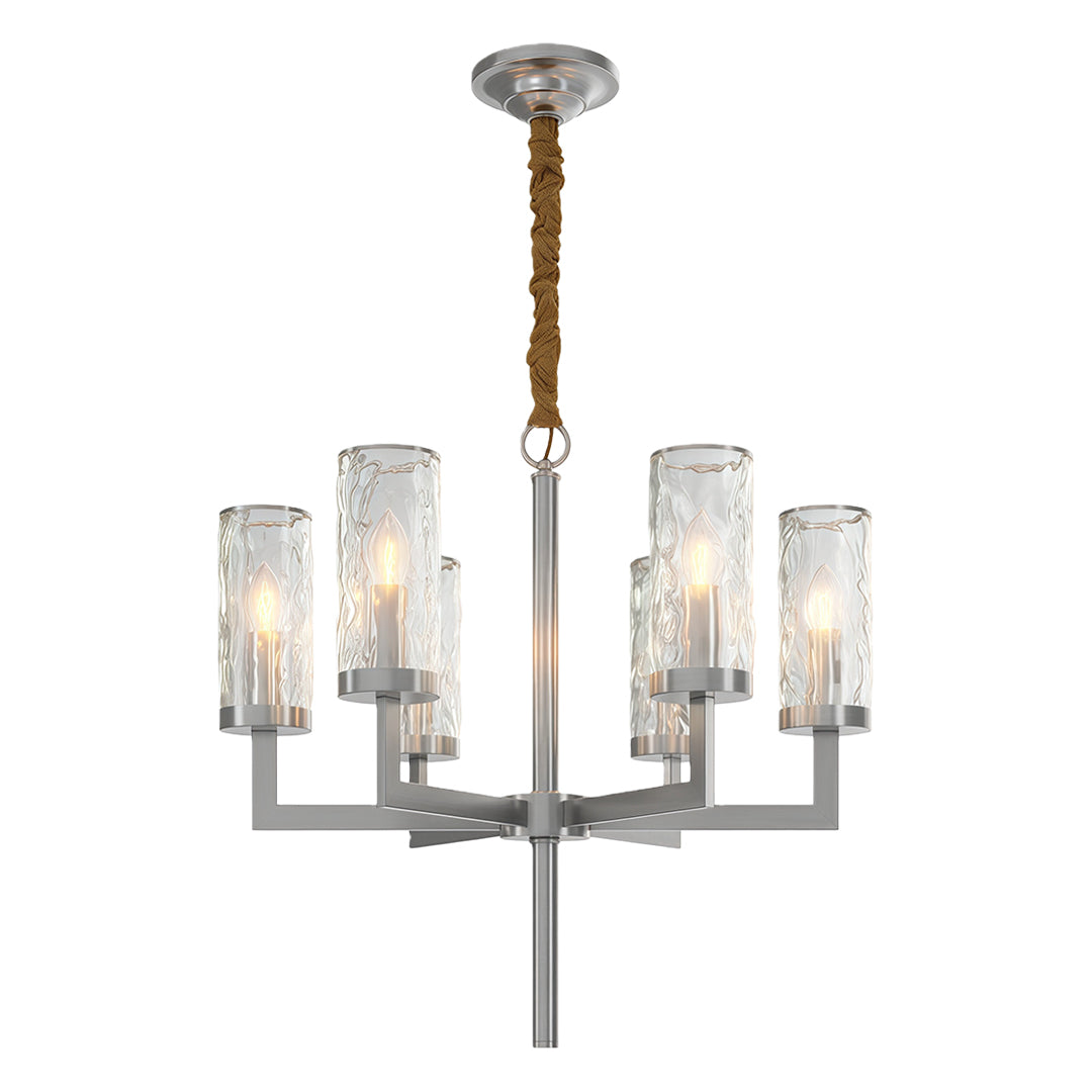 Island chandelier modern featuring polished chrome with linear glass cylinder arrangement