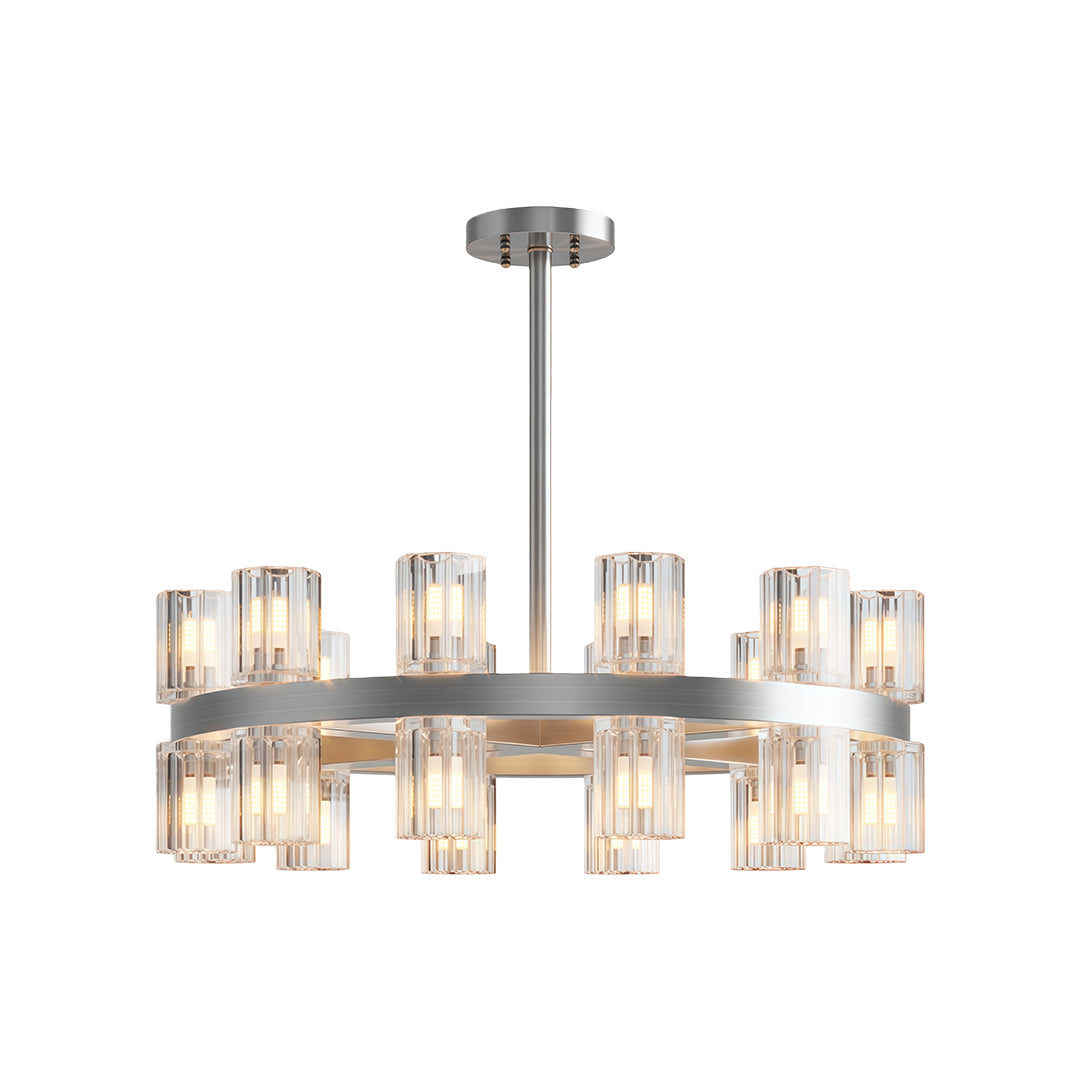 Luxury crystal chandeliers featuring polished chrome with linear crystal glass arrangement.