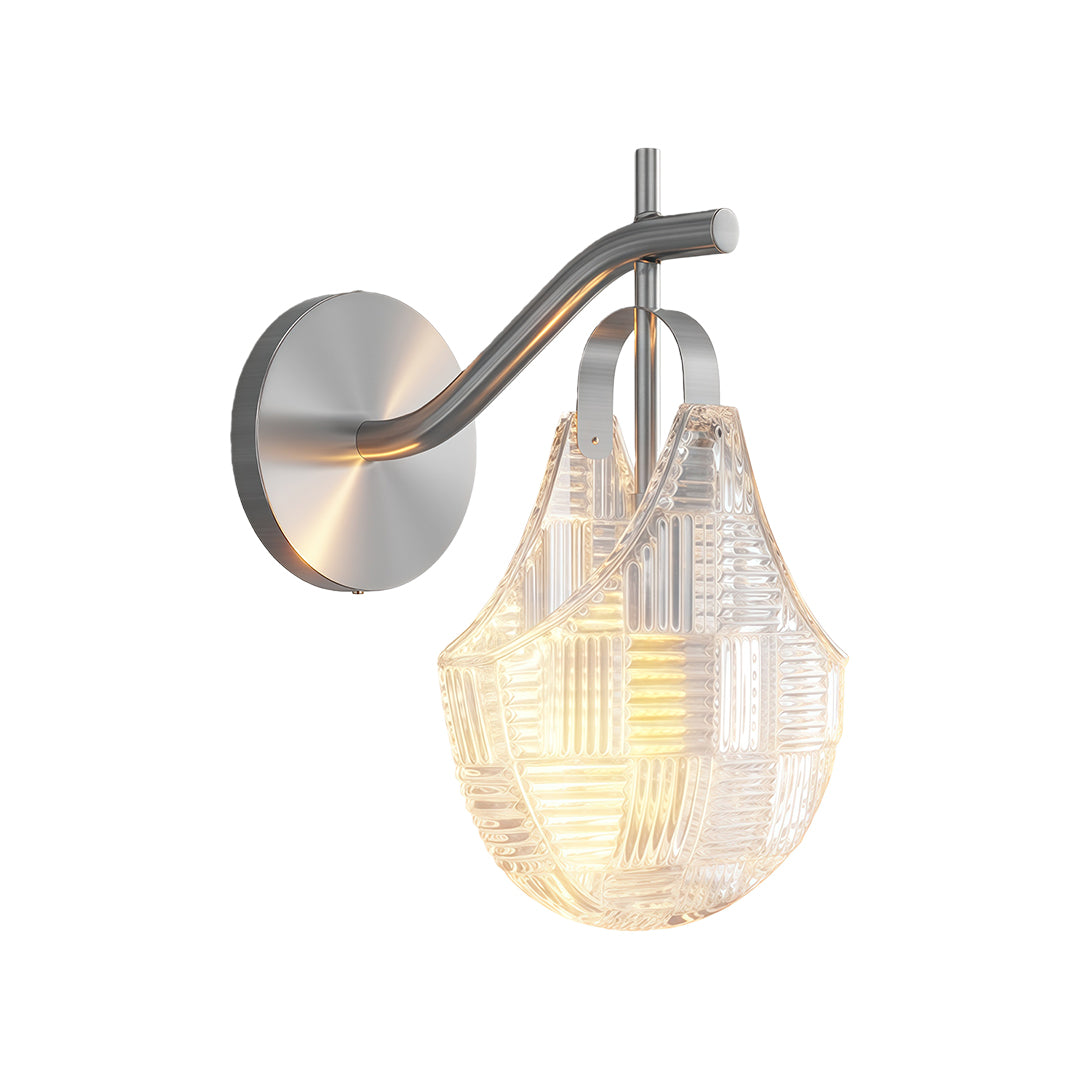 Glass wall sconces featuring polished chrome with ribbed glass teardrop design