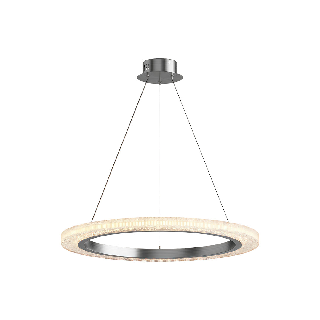 Round modern chandelier featuring polished chrome with single circular crystal band