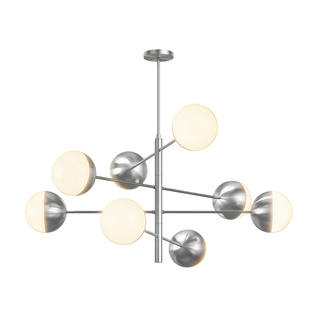 Globe light chandelier featuring polished chrome with spherical white glass design