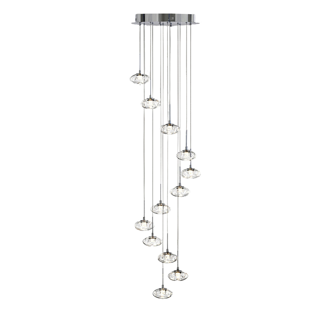 Sleek chandelier for tall ceilings with polished chrome displaying glass orbs in contemporary staggered configuration