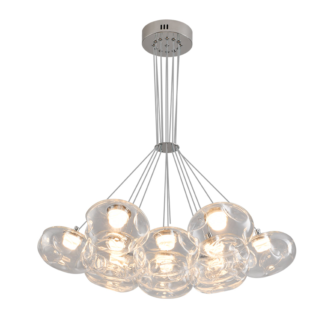 Modern multi light chandelier with polished chrome finish and transparent glass bulbs creating elegant lighting display