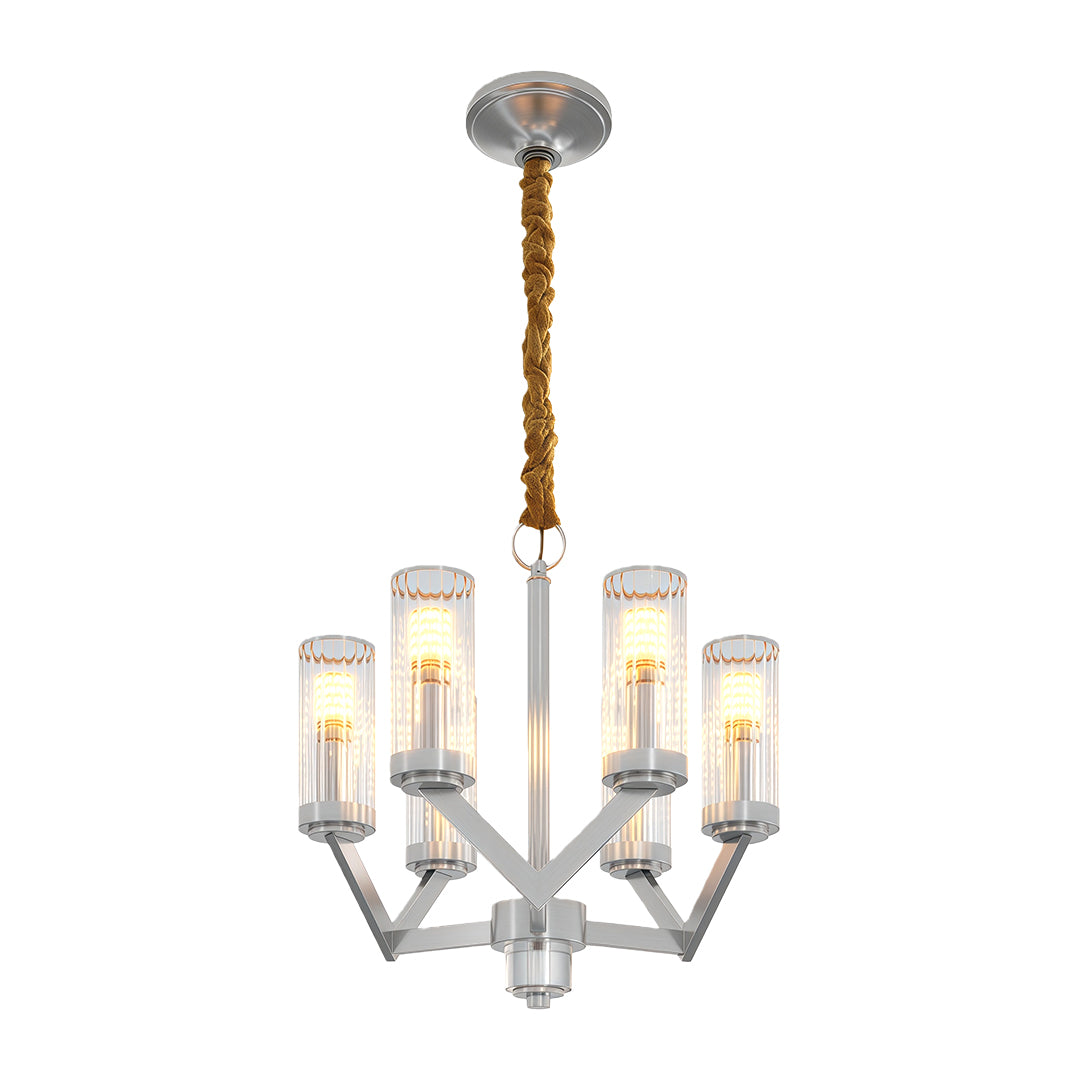 Glass drop chandelier featuring polished chrome with vertical glass cylinder arrangement