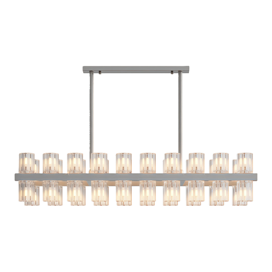 Modern luxury crystal chandeliers featuring polished nickel with rectangular crystal design.