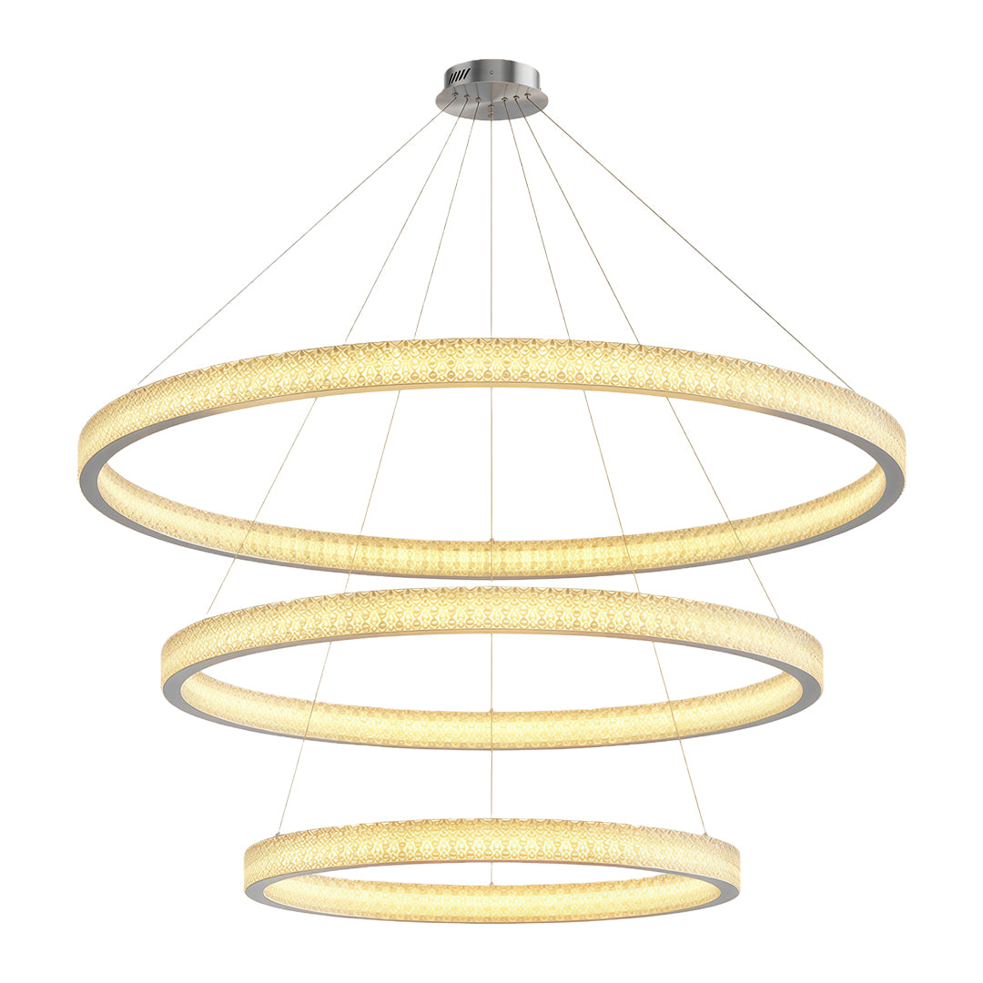 Modern luxury chandeliers featuring polished nickel with triple stacked crystal rings
