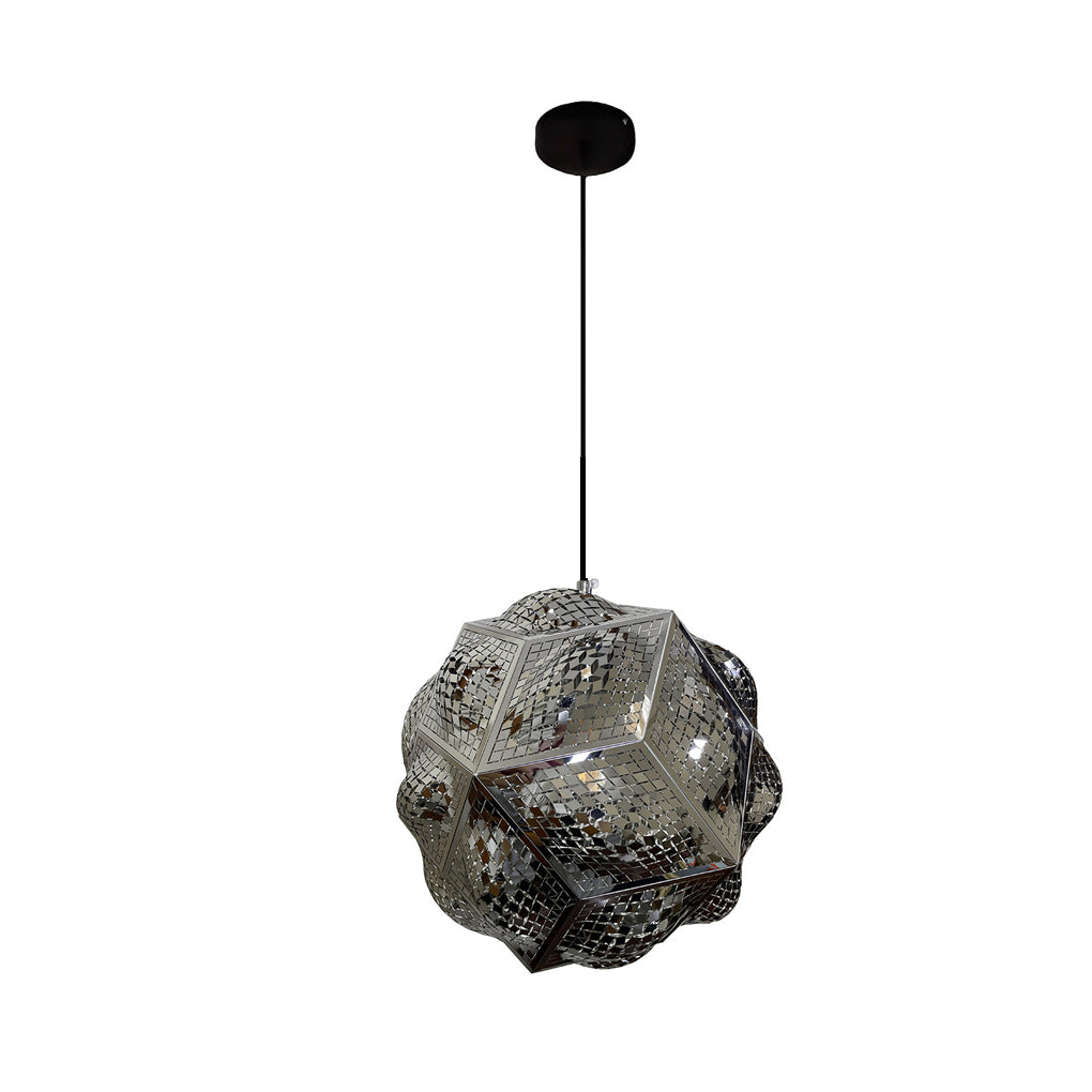 Polyhedron pendant light with a black finish, installed in a stylish hallway.