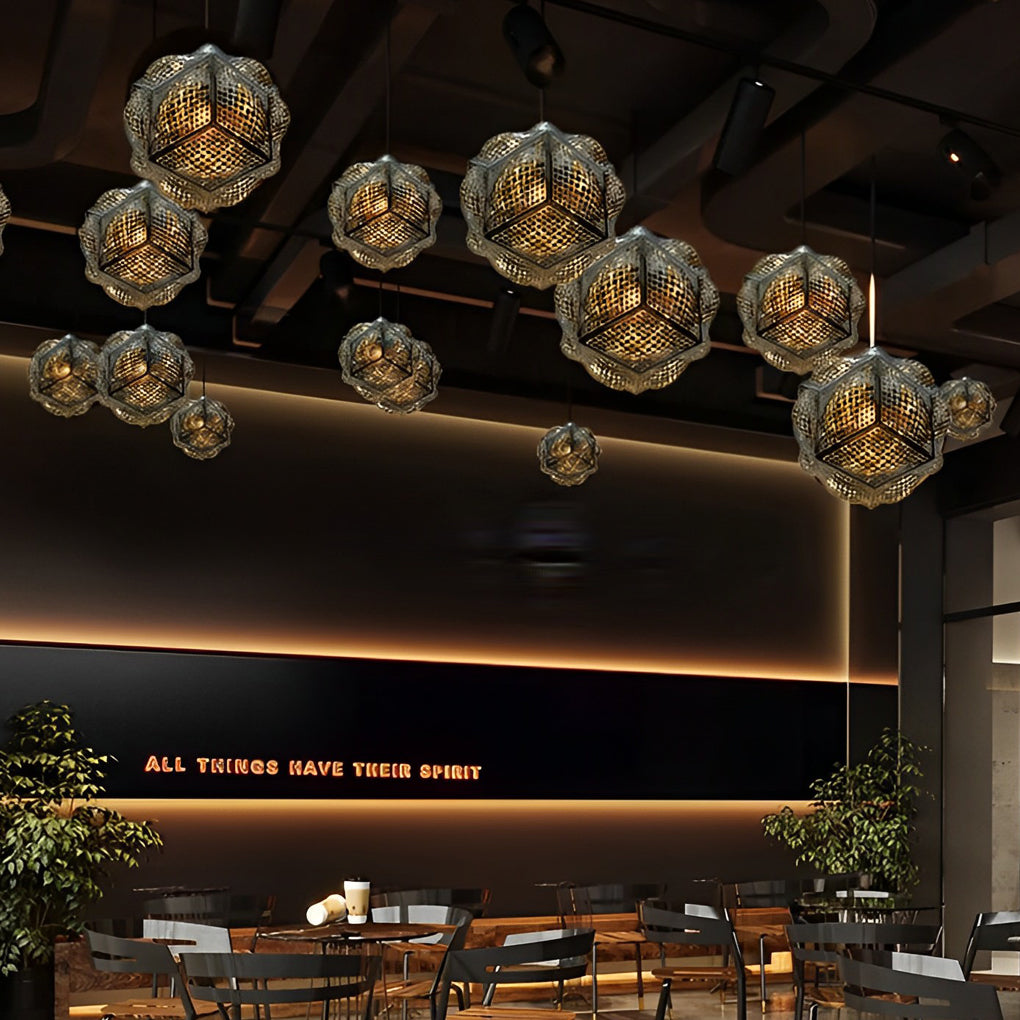 Polyhedron pendant light with a close-up of its geometric glass panels.