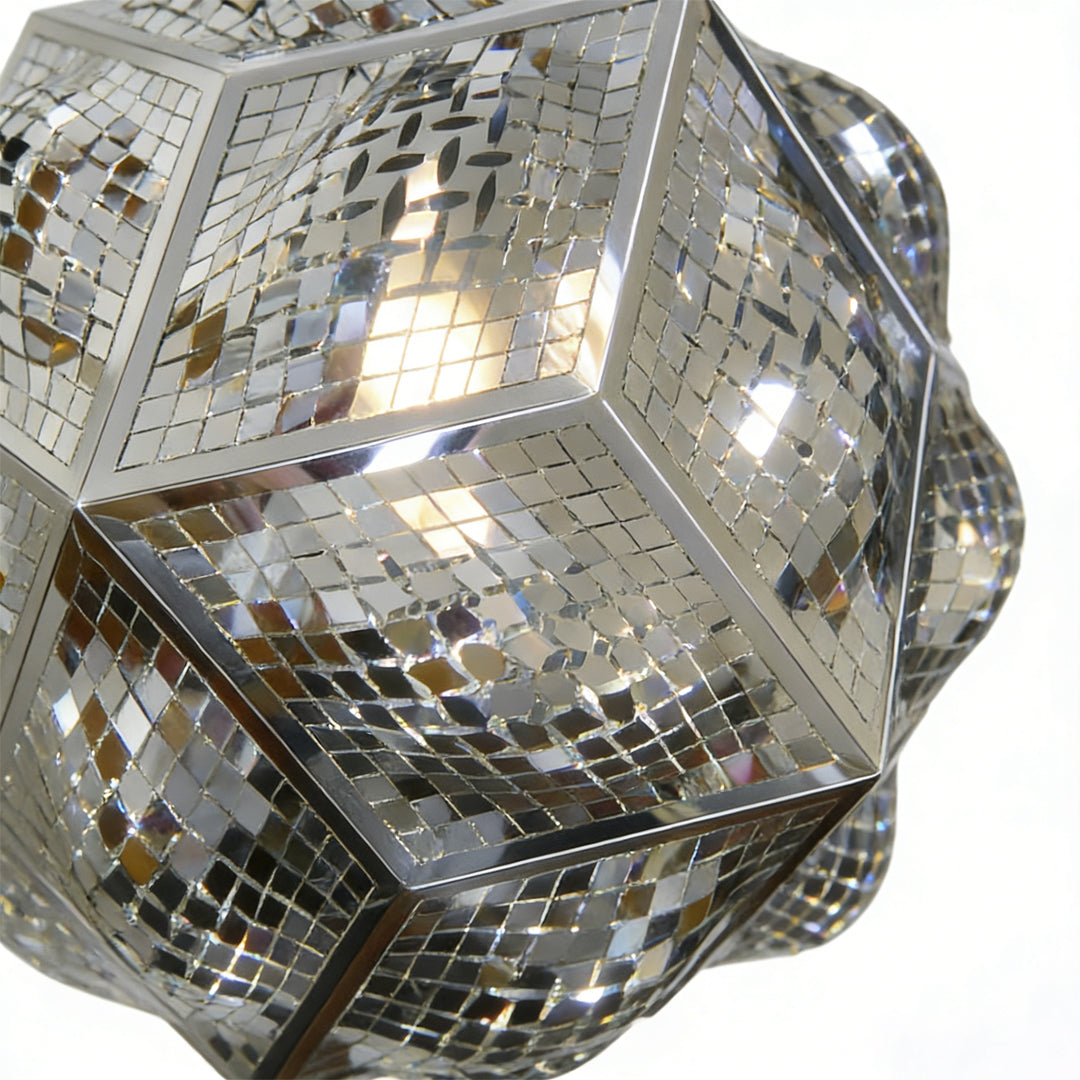 Polyhedron pendant light with a geometric design, enhancing a modern interior.