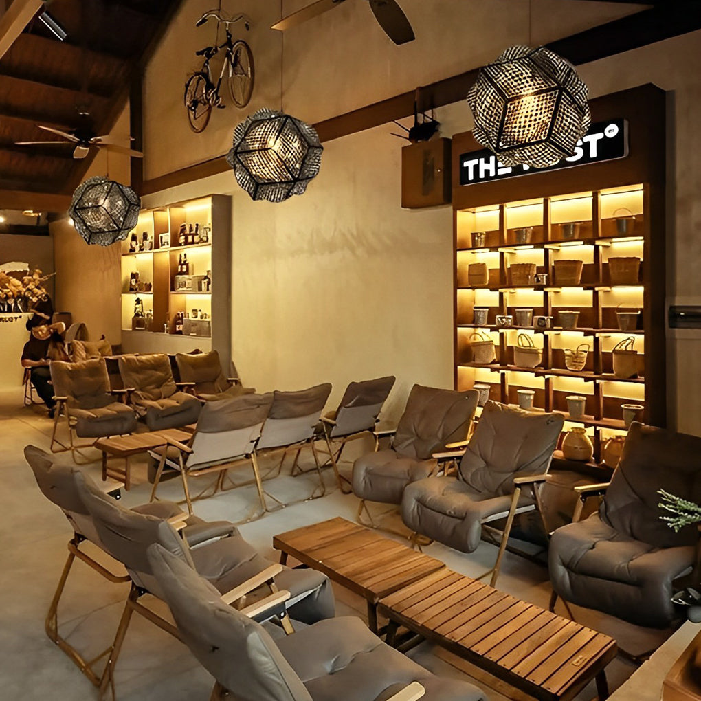 Polyhedron pendant light with a minimalist design, providing ambient lighting in a hallway.