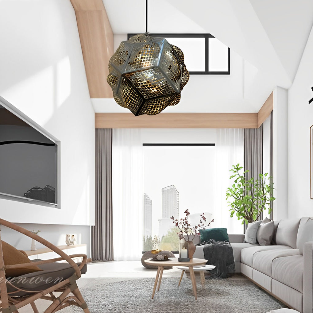 Polyhedron pendant light with a modern design, installed in a contemporary office.