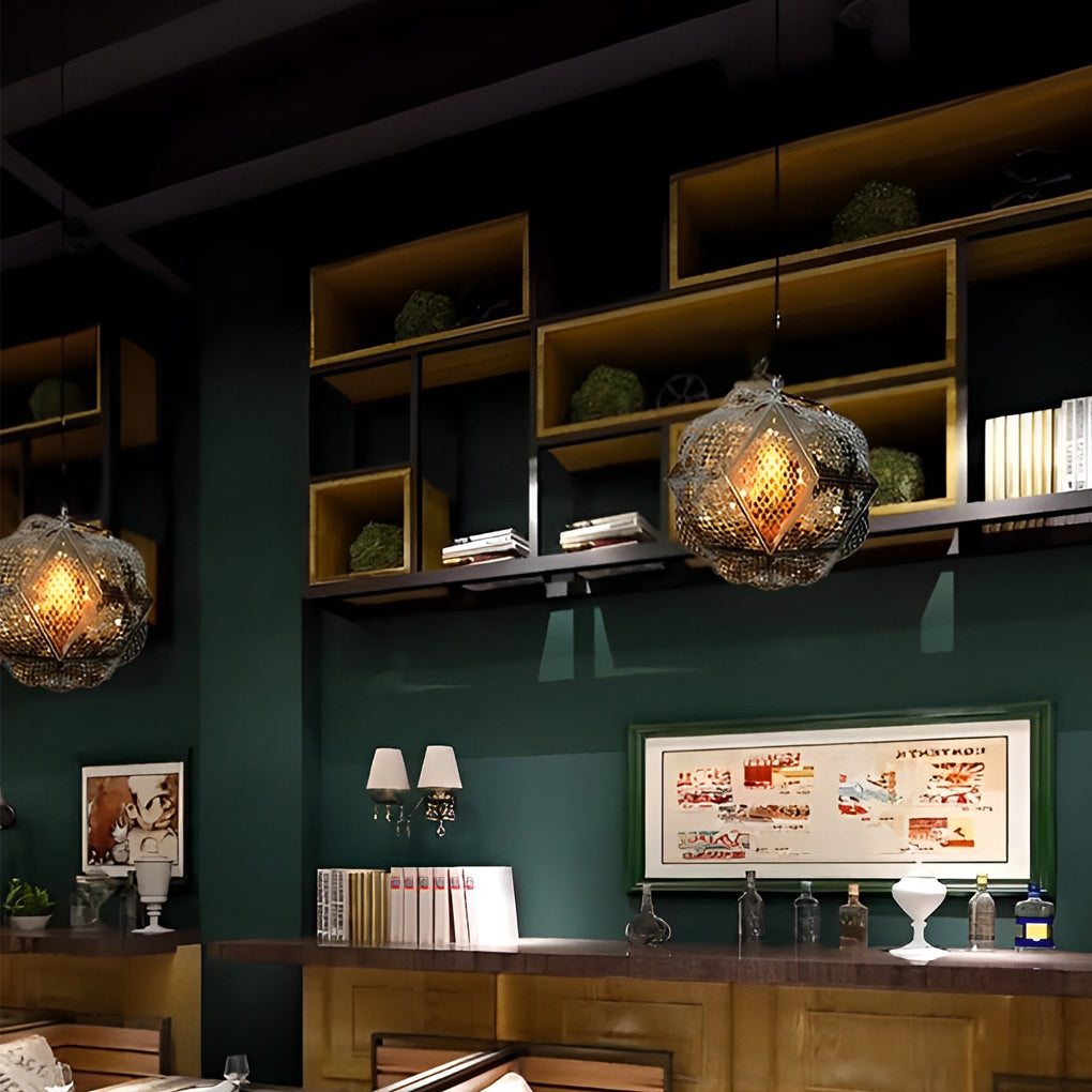 Polyhedron pendant light providing soft lighting in a modern bedroom setting.