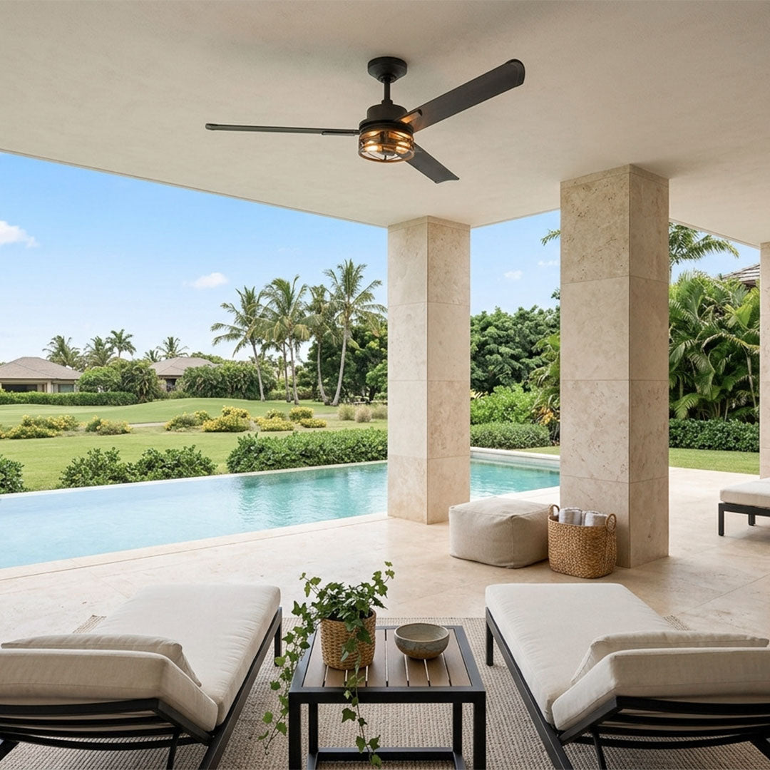Black ceiling fan with lighting installed beside a pool under a covered outdoor living area.