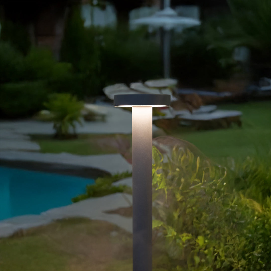 LED path lights illuminating poolside area creating sophisticated evening ambiance for outdoor entertainment