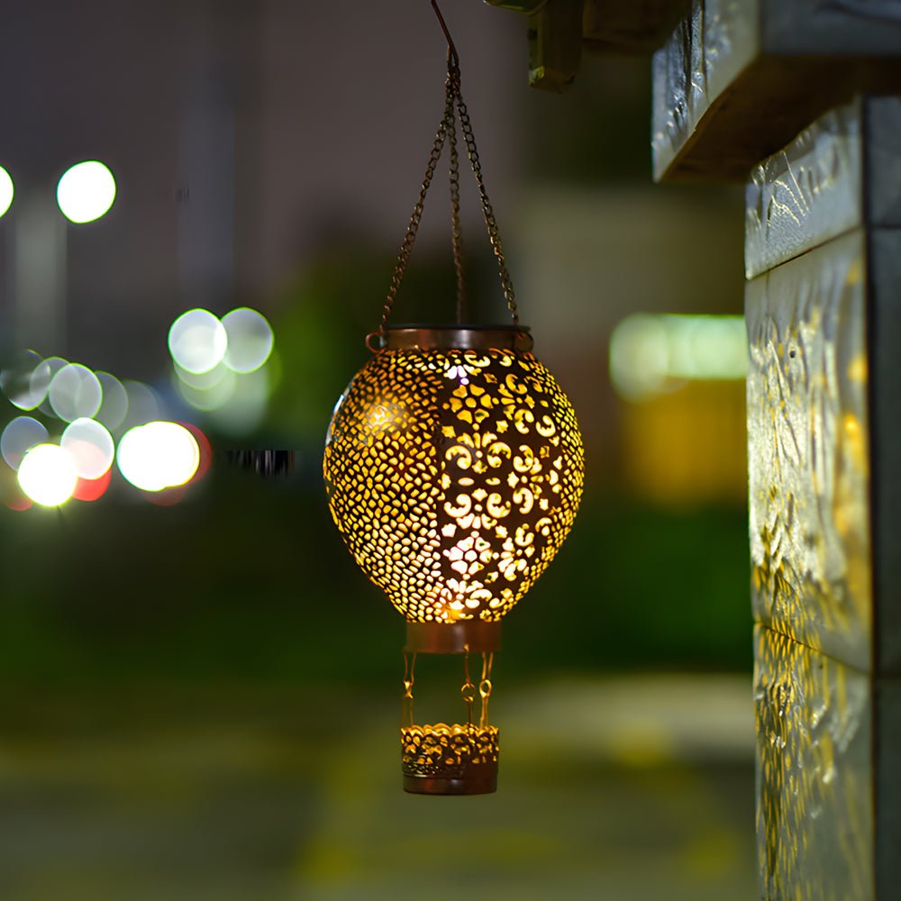 Portable Cast Iron Hot Air Balloon Solar Lanterns Hanging Solar Light Hollow Outdoor Decor Garden Light