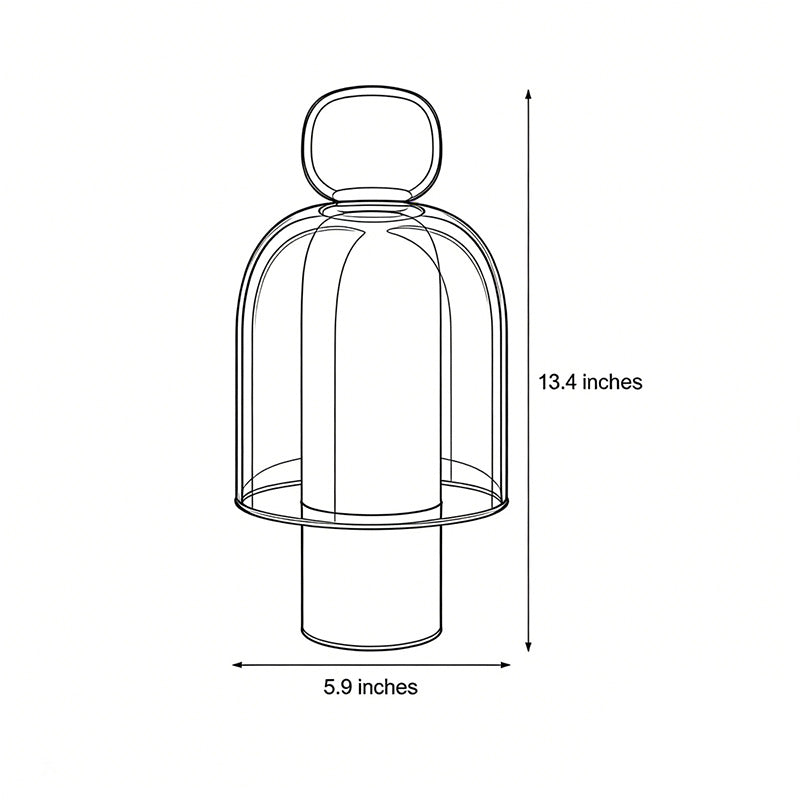 Portable glass table light dimensions, front view with height and width specifications.